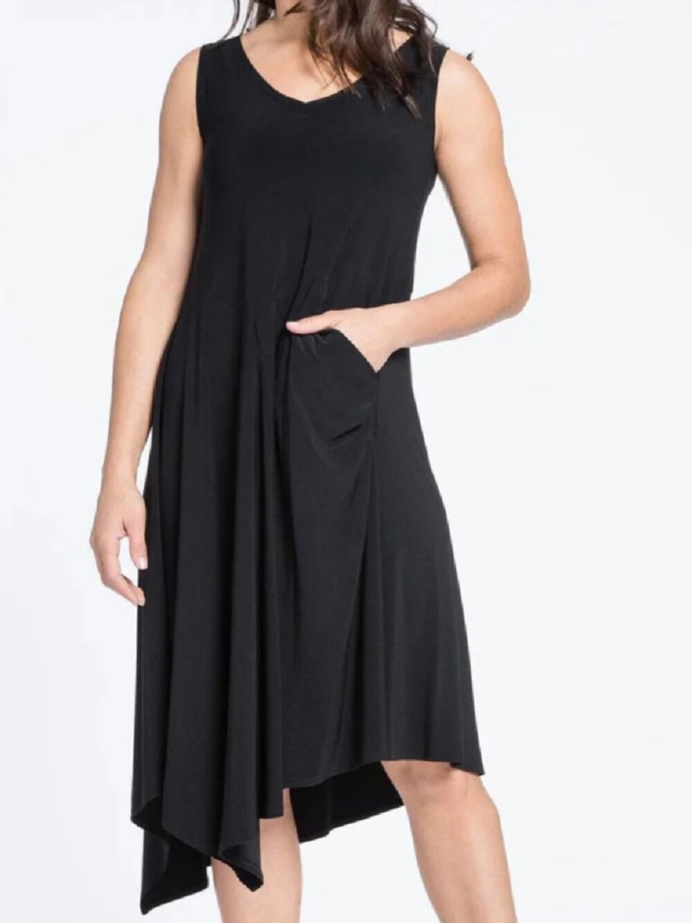 SYMPLI Black V-Neck Sleeveless Midi with Draped Pockets..Asymmetrical SIZE 6